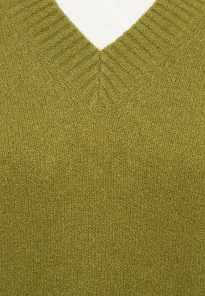 Olive green knitted pullover with a v-neck design, featuring ribbed texture along the neckline and a soft, smooth fabric.