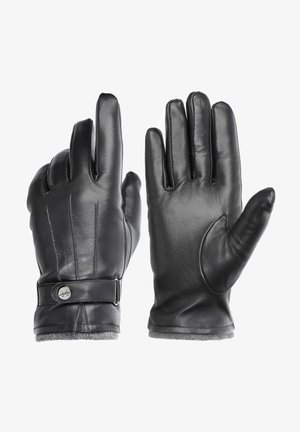 Black leather gloves with a smooth finish, featuring a wrist strap with a metal button, grey lining, and detailed stitching on the back.