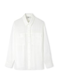 Chemise blanche à manches longues en tissu léger. Dotée d'un col pointu et de deux poches avant. Texture lisse.