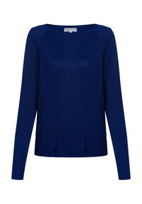 Marineblauer Strickpullover mit langen Ärmeln, Rundhalskragen und einem subtilen Schimmer-Effekt. Verfügt über eine lässige Passform und einen gerippten Saum.
