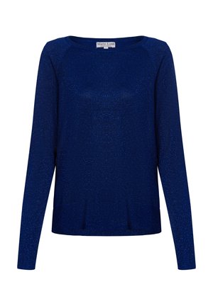 Marineblauer Strickpullover mit langen Ärmeln, Rundhalskragen und einem subtilen Schimmer-Effekt. Verfügt über eine lässige Passform und einen gerippten Saum.