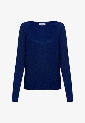 Marineblauer Strickpullover mit langen Ärmeln, Rundhalskragen und einem subtilen Schimmer-Effekt. Verfügt über eine lässige Passform und einen gerippten Saum.