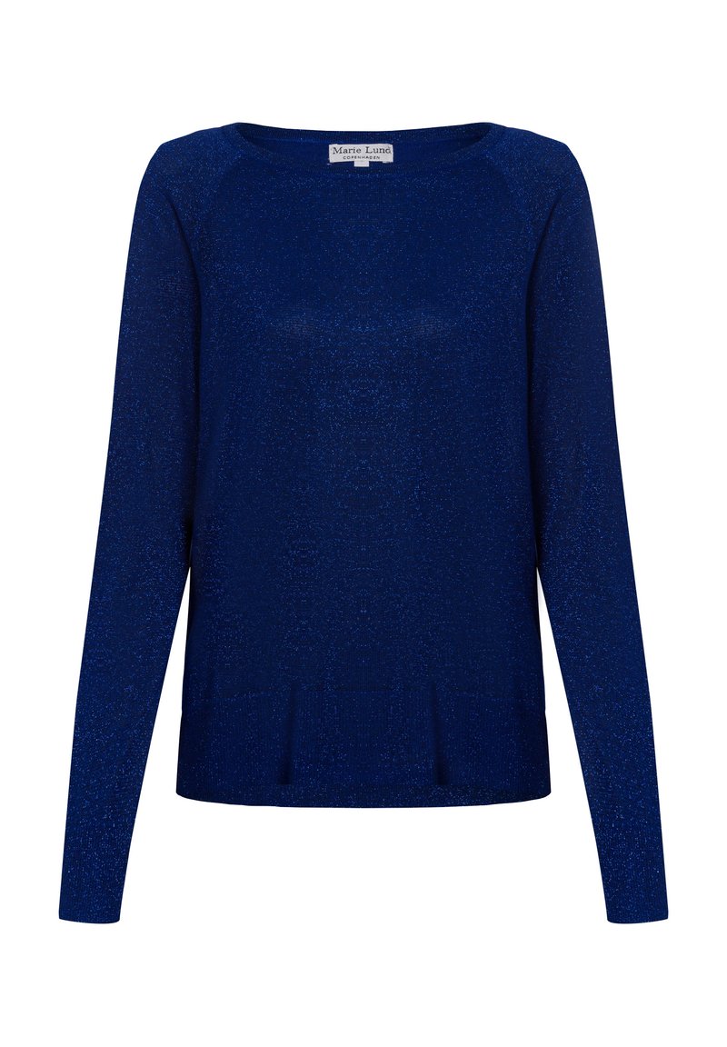 Marineblauer Strickpullover mit langen Ärmeln, Rundhalskragen und einem subtilen Schimmer-Effekt. Verfügt über eine lässige Passform und einen gerippten Saum.