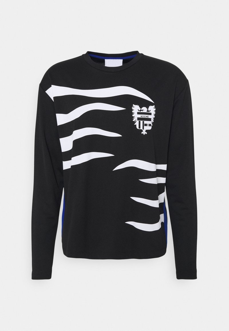 Schwarzes Langarmshirt mit weißen Wellenmustern, blauen Seitenakzenten und einem Schildlogo mit einem zweiköpfigen Adler.