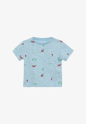 Lichtblauw T-shirt met korte mouwen met een draaiend patroon. Heeft rode krabben en groene kikkers als key design elementen. Zachte katoenen stof.