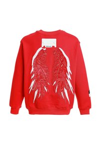 Sudadera roja con alas bordadas en blanco y metálico en la parte posterior, con una etiqueta en el cuello y puños y dobladillo acanalados.