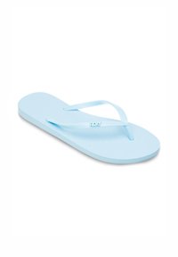 Vaaleansininen flip-flop, jossa on litteä pohja ja teksturoitu pinta. Varustettu kapeilla hihnoilla ja logoyksityiskohdalla pohjallisessa.