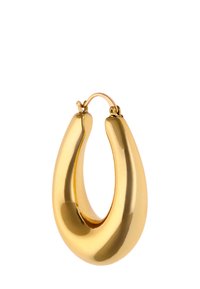 Zlatě tónované kruhové náušnice s hladkým, zakřiveným designem a lesklým povrchem, se zabezpečovacím zapínáním nahoře.