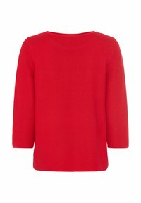 Rotes Langarmoberteil mit runder Halslinie. Strukturierter Strickstoff und gerader Schnitt. Keine sichtbaren Muster oder Hardware-Akzente.