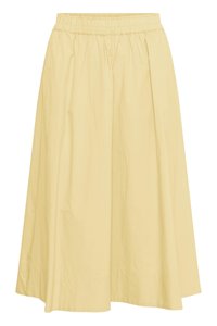 Jupe trapèze jaune clair, longueur genou, avec taille élastique et plis doux, confectionnée dans un tissu léger. Aucun motif visible.