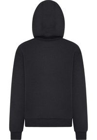 Sudadera negra con capucha, de superficie texturizada, manga larga y ribete en el dobladillo. Detalles de costura en la capucha y los hombros.