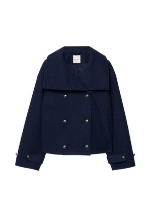 Temno modr plašč iz volne s širokim ovratnikom, dvojno zapenjanje, srebrni gumbi in stranskimi žepi. Tkanina z teksturo in strukturiranim oblikovanjem.