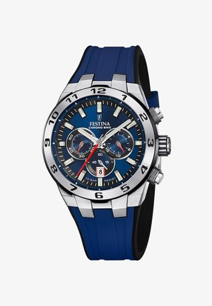 Zils gumijas siksniņas pulkstenis ar nerūsējošā tērauda korpusu, zilu ciparnīcu, sudraba akcentiem, hronogrāfa funkcijām un datuma logu pulksten 6.