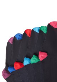 Black socks with contrasting colored toes in purple, blue, red, green, and pink. Made of a smooth, stretchy material.