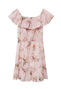 Vestido floral de tirantes caídos en rosa claro, con un escote con volantes, cinturilla elástica y un dobladillo acampanado. Patrón floral con acentos en verde.