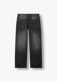 Sorte denim jeans med rett bendesign, har to baklommer og en falmet finish for tekstur. Ingen synlige detaljer eller aksenter.