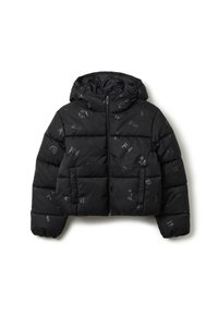 Veste noire rembourrée avec capuche, présentant une texture brillante et des motifs de logo subtils dans tout l'ensemble. Fermeture éclair à l'avant et deux poches latérales.