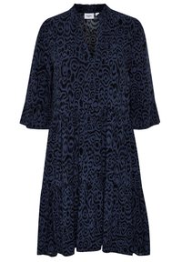 Vestito blu scuro in tessuto leggero con motivo leopardato, scollo a V e orlo a volant a più livelli con maniche svasate.