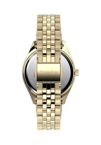 Goldfarbene Armbanduhr aus Edelstahl mit einem Gliederarmband, rundem Gehäuse und einem schwarzen Zifferblatt mit poliertem Finish.