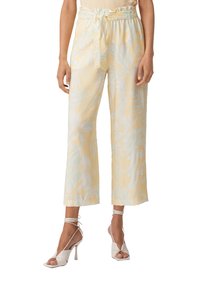 Pantalons large de couleur jaune clair avec un motif de feuilles vertes, dotés d'une taille ceinturée et d'une coupe décontractée. Le tissu semble lisse et léger.
