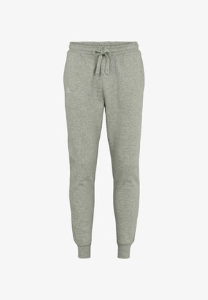 Šedé tepláky vyrobené z měkké tkaniny, s páskem na stahování v pase a žebrovanými manžetami. Malá logová nášivka na levém boku.