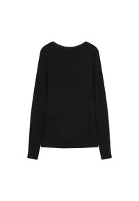 Top lungo nero a maniche lunghe realizzato in materiale testurizzato con una leggera scintilla. Collo rotondo e silhouette dritta senza hardware visibile.