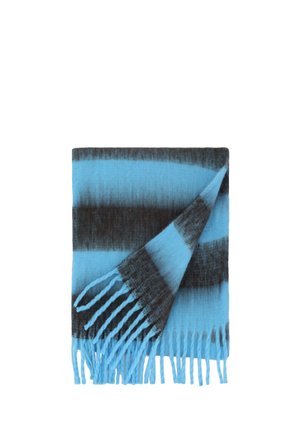 Écharpe rayée bleue et noire fabriquée en tissu doux, avec des bords frangés et un motif dégradé passant d'une couleur à l'autre.