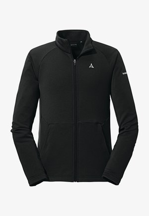 Schwarze Fleecejacke mit Reißverschluss, hohem Kragen und Raglanärmeln. Sie hat einen strukturierten Stoff, zwei Fronttaschen und ein kleines Logo auf der Brust.