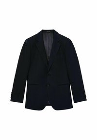 Blazer noir pour homme à deux boutons avec revers à encoche, poches avant et poignets boutonnés, présenté sur fond blanc.