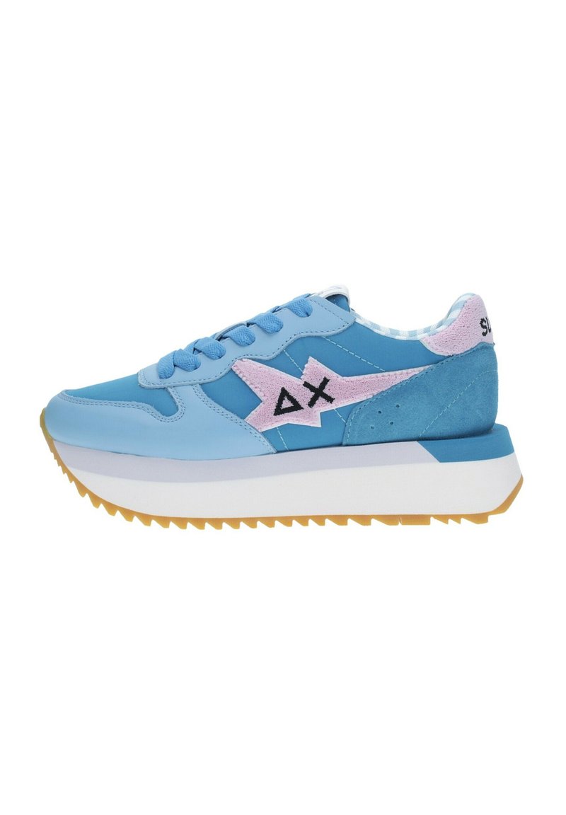 Sneakers azzurri con accenti in suede rosa, caratterizzati da un design a zigzag, una suola intermedia bianca e una suola esterna in gomma gialla testurizzata.