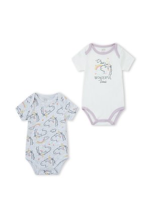 Dos bodies de bebé de manga corta: uno blanco con unicornio y texto "Oh, qué mundo tan maravilloso", uno gris con unicornio y dibujo de arcoíris.