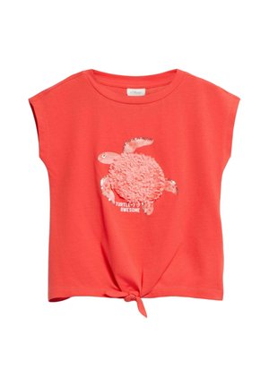 Koraliowa koszulka dla malucha z krótkim rękawem i wiązaniem z przodu, z fakturowanym wzorem żółwia z cekinami i napisem „Turtle Awesome” na piersi.