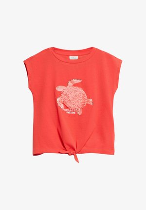 Koraliowa koszulka dla malucha z krótkim rękawem i wiązaniem z przodu, z fakturowanym wzorem żółwia z cekinami i napisem „Turtle Awesome” na piersi.