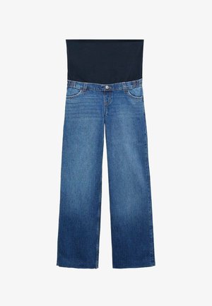 Blaue Umstandshosen mit weitem Bein und einem schwarzen, dehnbaren Bund zur Unterstützung des Bauches, vor einem weißen Hintergrund gezeigt.