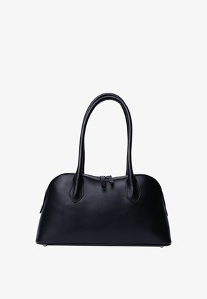 Juoda odinė rankinė su apvalia forma, dviem rankenomis, užtrauktuku uždarymu ir lygiu paviršiumi. Pasižymi subtiliais siūlių detalėmis ir metalinėmis detalėmis.