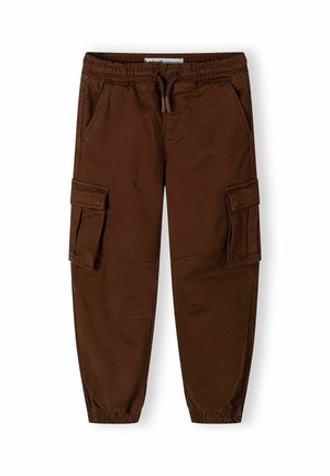 Pantalons cargo marron en tissu résistant, avec une taille élastique, un cordon de serrage, des chevilles élastiquées et plusieurs poches latérales.