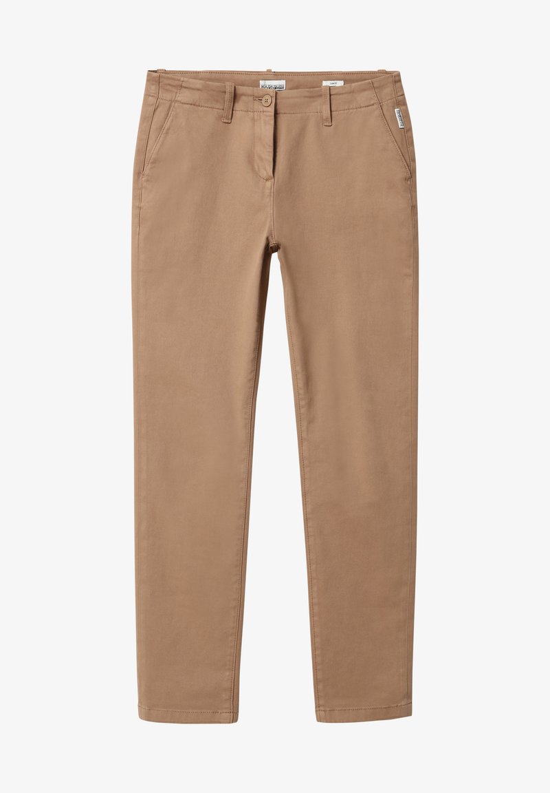 Pantalon kaki à jambes droites avec passants de ceinture, bouton et fermeture éclair devant, et poches latérales, posé à plat sur un fond blanc.