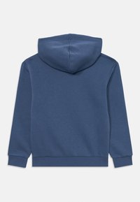 Navy blue hoodie with long sleeves, ribbed cuffs, and a ribbed hem shown from the back against a plain white background.