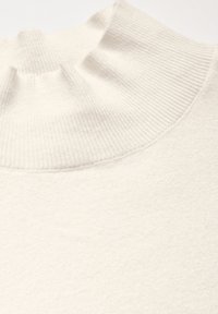 Maglione color crema con un alto collo a coste; tessuto morbido e texturizzato con una finitura liscia; vestibilità rilassata e dettagli di design minimi.