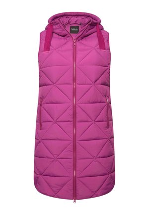 Pink padded vest with a hood, featuring a front zipper and two side pockets. The surface has a diamond quilted pattern.