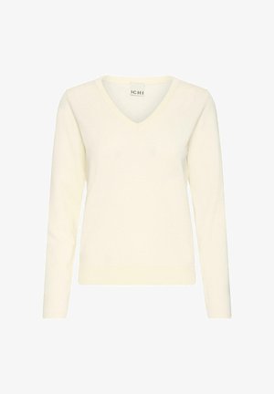 Krem pulover z V-izrezom in dolgimi rokavi, narejen iz mehkega, teksturiranega blaga. Enostaven dizajn z rebrastimi manšetami in robom, opremljen z etiketo.