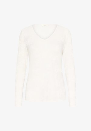 Top alb cu mânecă lungă, decolteu în formă de V, confecționat dintr-un material moale, cu textură și un model floral subtil. Design simplu și ajustat.