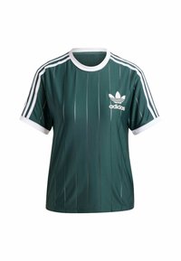 Zielony koszulka w paski z krótkim rękawem, z białym kołnierzykiem i mankietami, z białym logo adidas na przedzie. Wykonana z gładkiej tkaniny.