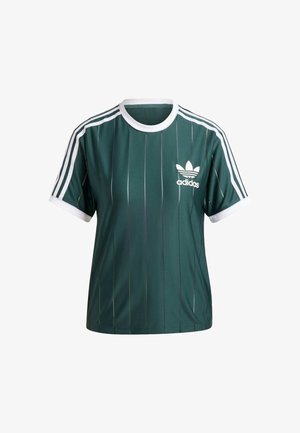 Green striped short-sleeve t-shirt with white collar and cuffs, featuring a white adidas logo on the front. Made from a smooth fabric.