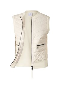 Roomkleurig mouwloos gewatteerd vest met geribde zoom en hals, een open rits aan de voorkant en een ritszak aan de rechterkant.
