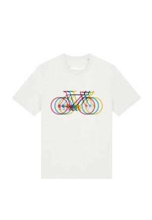 Weißes T-Shirt mit kurzen Ärmeln und einem mehrfarbigen Grafikdruck von sich überlappenden roten, blauen und gelben Fahrrädern auf der Vorderseite.