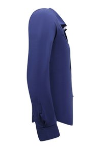 Marineblauwe long-sleeve shirt van een gladde stof met een gestructureerde kraag, knoopmanchetten en een getailleerde pasvorm. Opvallende zijnaadnaad.