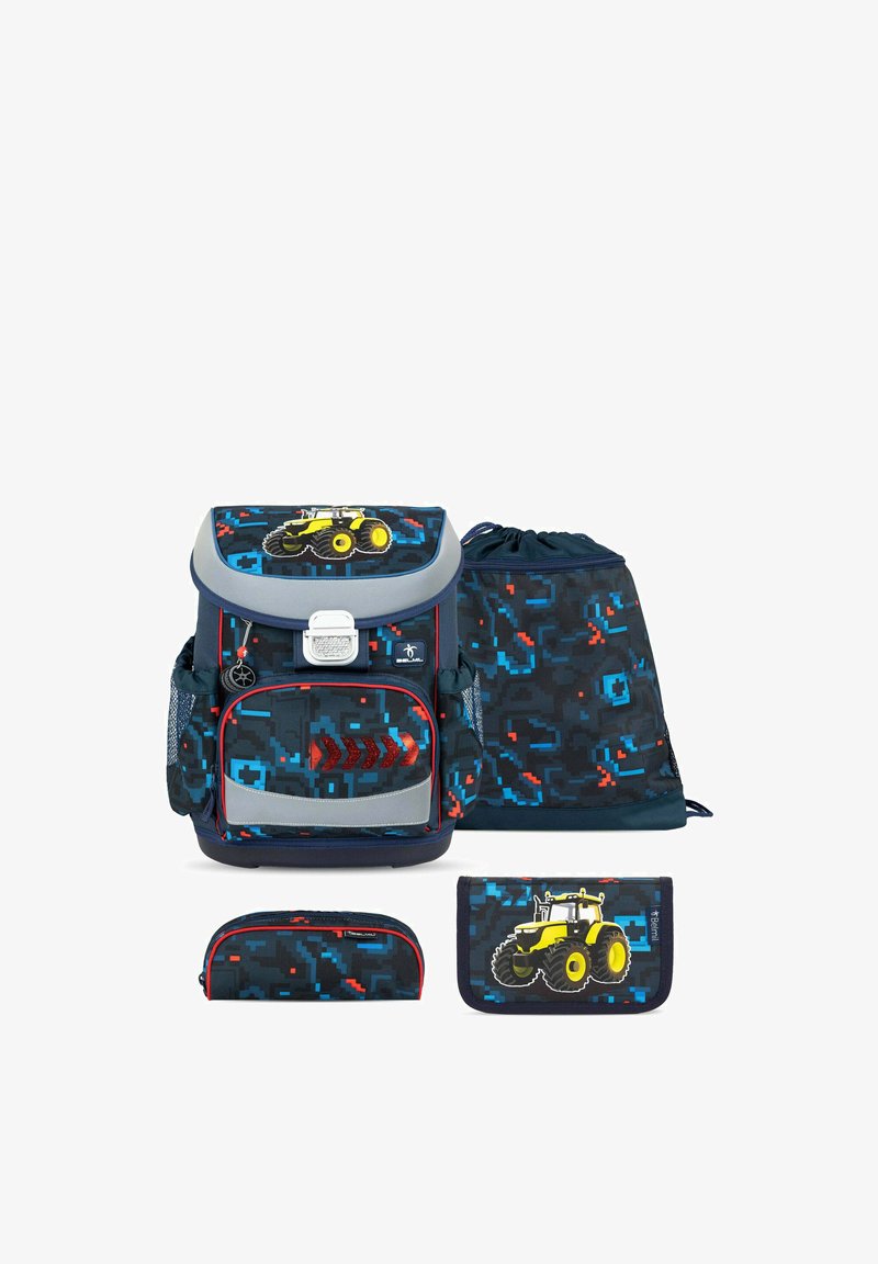Ensemble de sacs d'école pour enfants avec motif pixel bleu et noir, graphismes de tracteur jaune, comprenant un sac à dos, un sac à cordon, une trousse et un portefeuille.