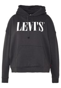 Hoodie noir Levi's avec grand logo blanc, poche avant, capuche à cordon et poignets côtelés.
