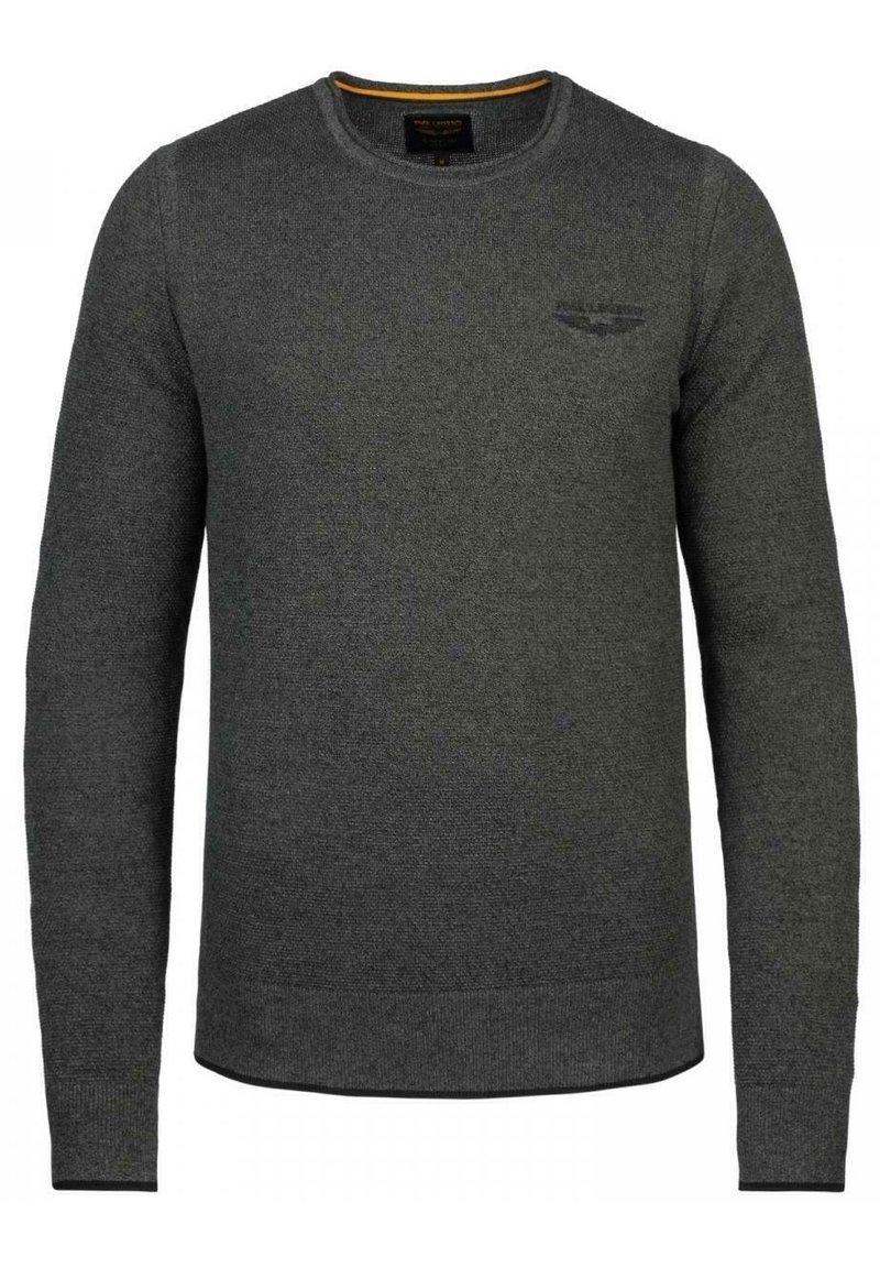 Pull gris tricoté à manches longues, col rond, avec poignets et ourlet côtelés. Présente un logo discret sur la poitrine gauche.